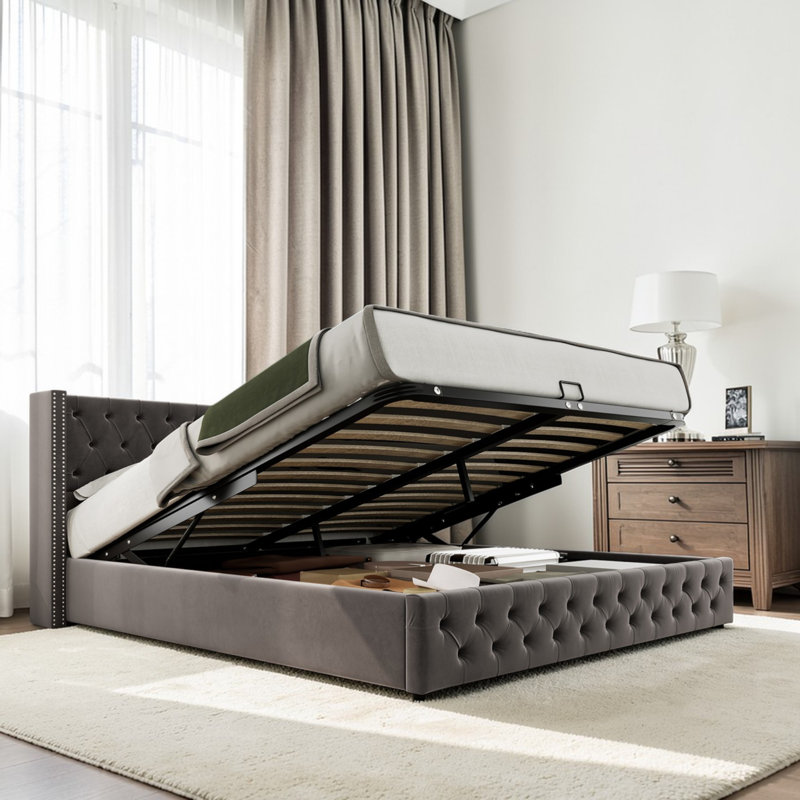Parral Upholstered Storage Bed, Grey, Kingsize (5')