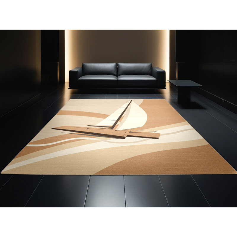 Machine Washable Maurice Catamaran Sailboat Coastal Rug in Beige – Beige Binding, 8x12
