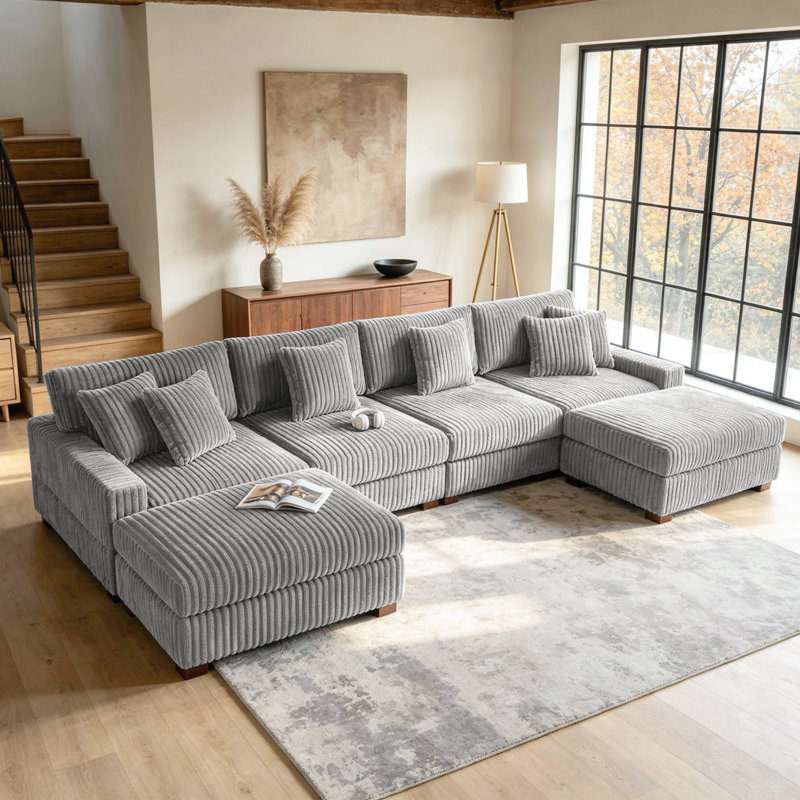 6 - Piece Upholstered Light Gray Faux Rabbit Fur Flannel Modular Sectional Sofa with Throw Pillows & Removable Ottomans