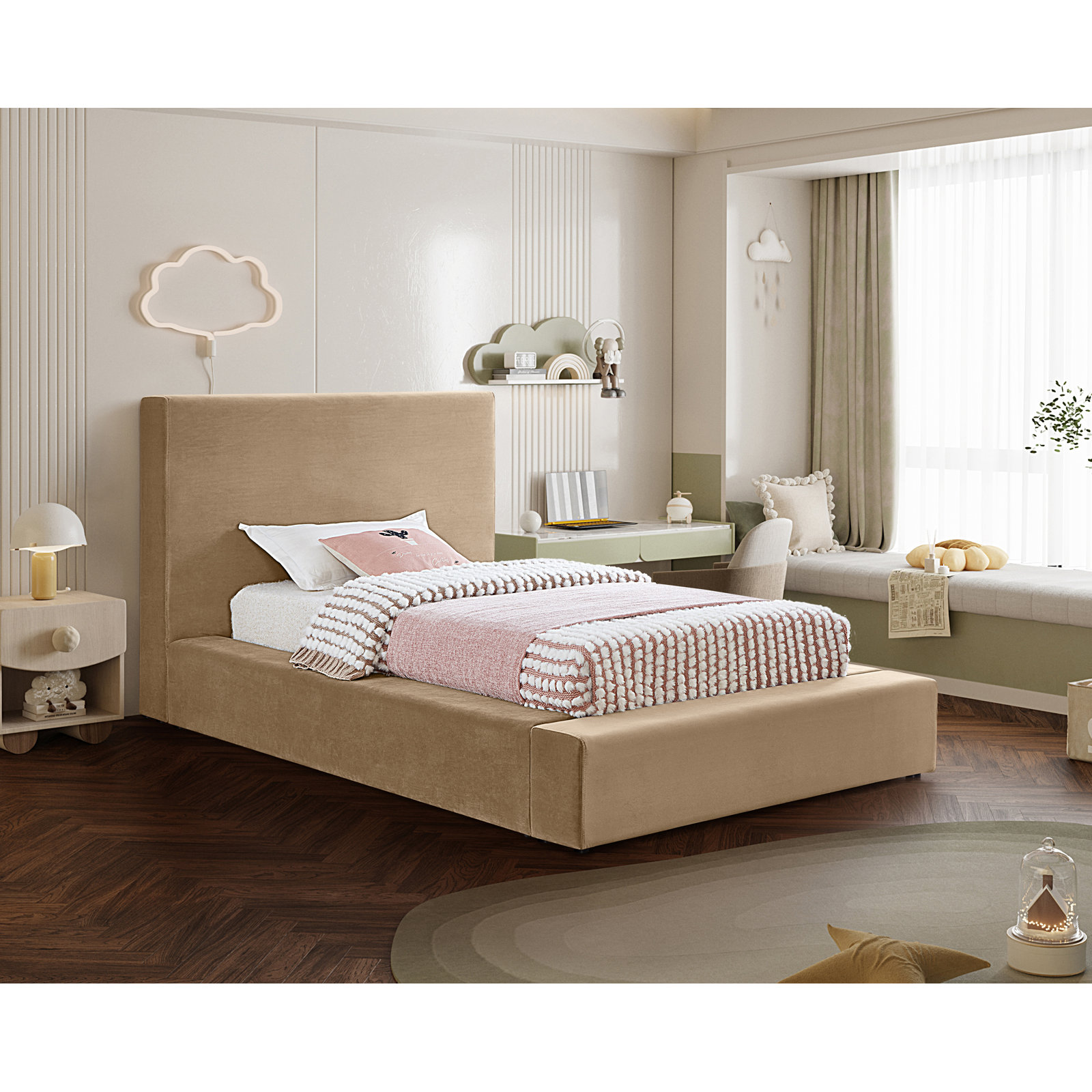 Ishia Upholstered Platform Bed, Twin, Beige Velvet