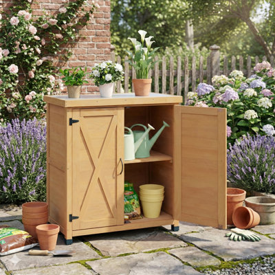 Banc de rempotage avec armoire de rangement et plateau en métal galvanisé - poste de travail de patio extérieur avec tablettes réglables, conception imperméable pour le jardinage et le rangement, fabrication en bois de sapin rustique