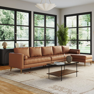 Camel Leather Sofa With Tufted Bench Cushion And Solid Wood Frame