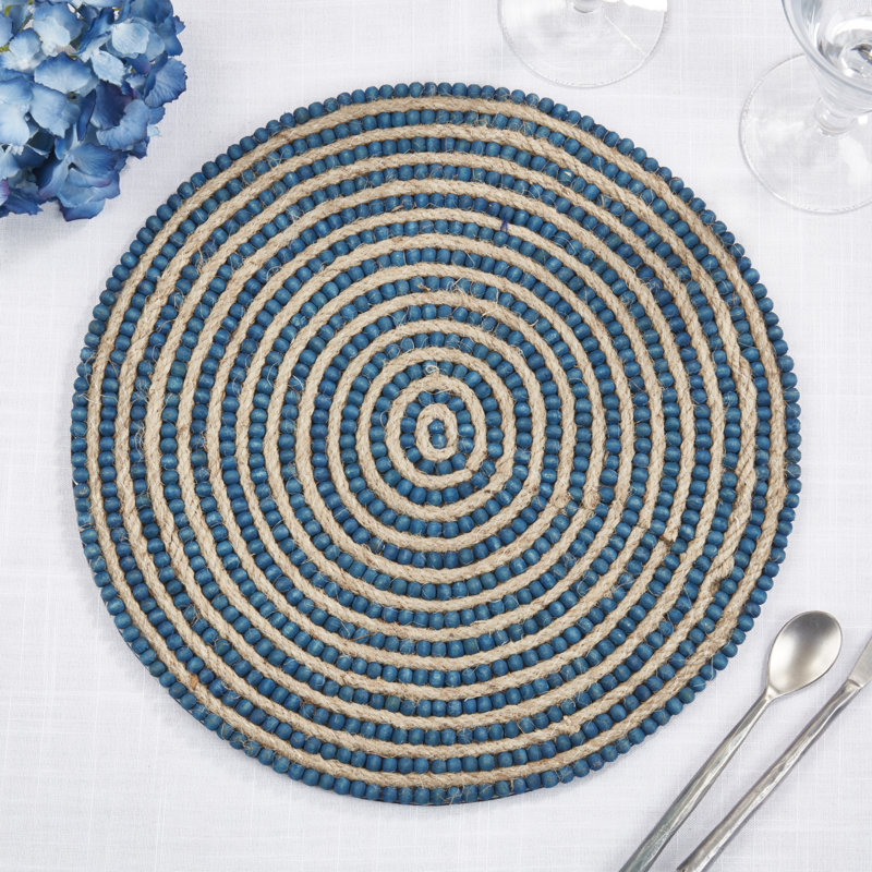 Blue and Beige Beaded Circular Placemats Set of 4
