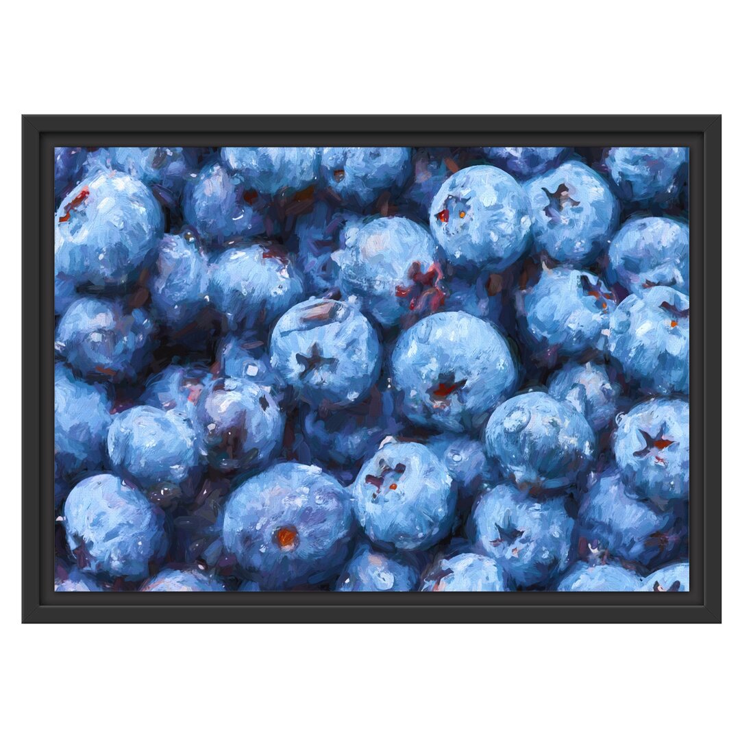 Gerahmtes Wandbild Blaubeeren mit Wassertropfen Kunst