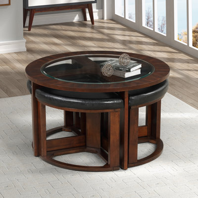 Table basse cylindrique en bois massif avec plateau en verre et 4 tabourets
