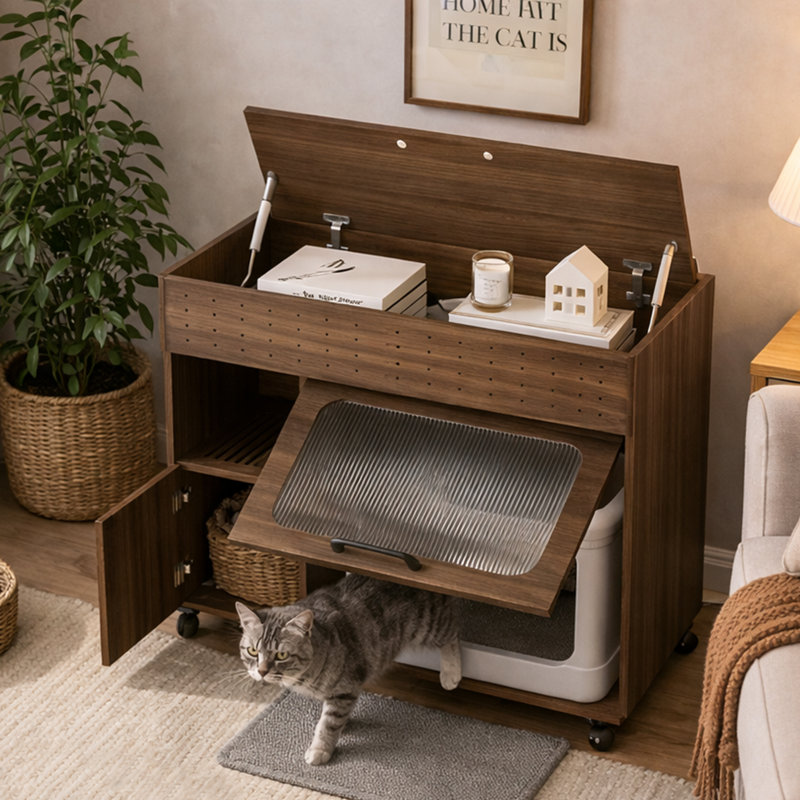 Litière multi-usage pour chat avec porte rabattable, 4 roulettes, armoires de rangement et tablette ouverte