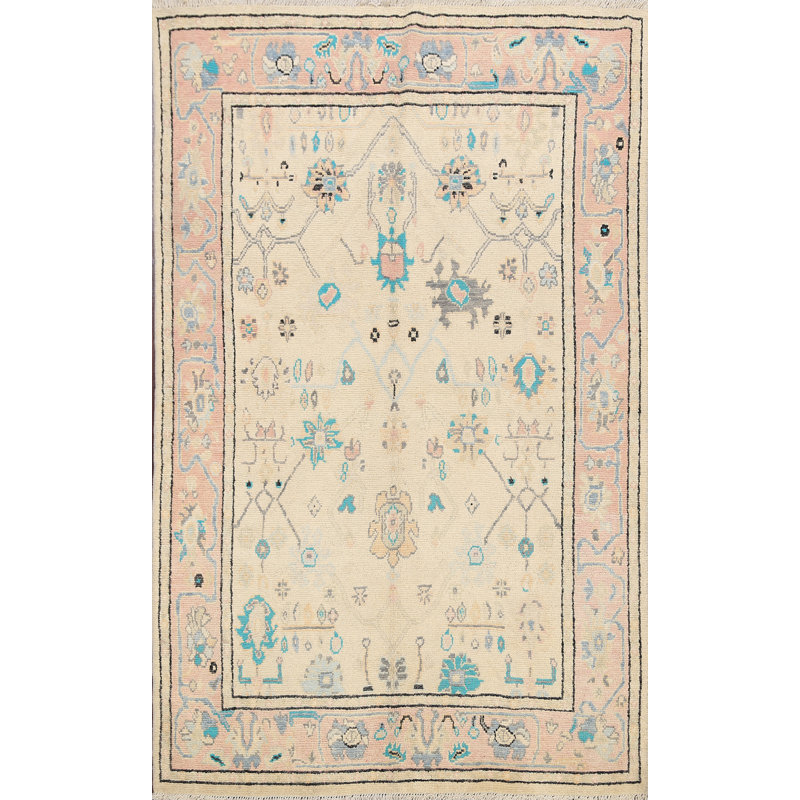 Tapis décoratif en laine beige noué à la main New Age Oushak 4 pi 8 po x 6 pi 6 po