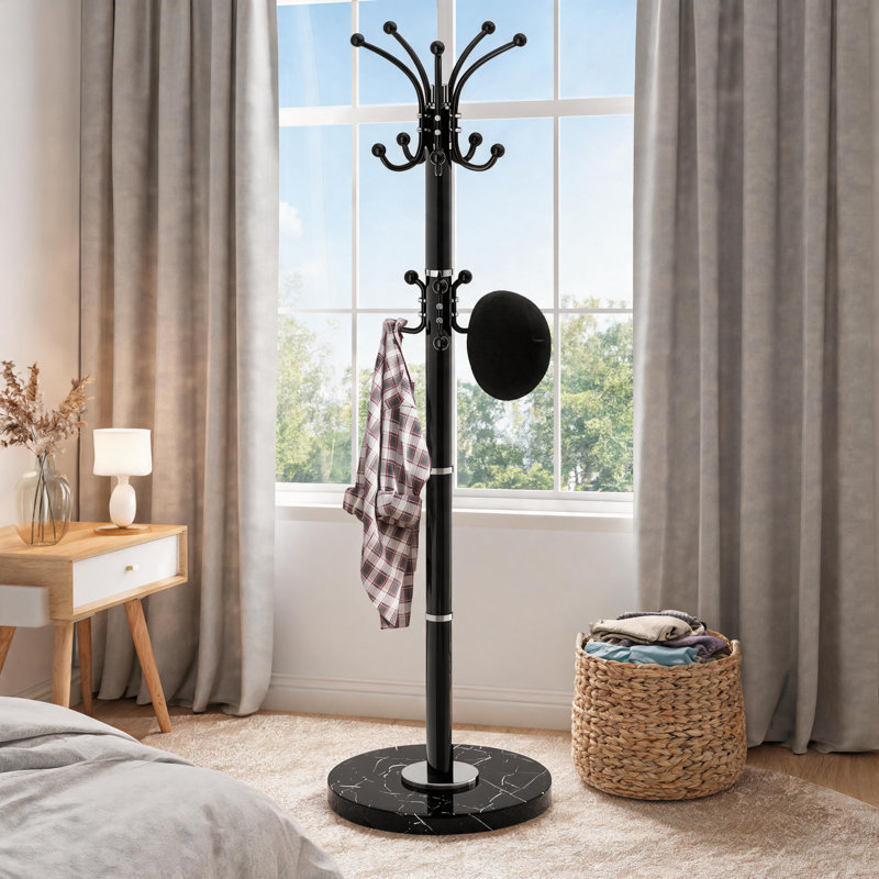Heavy-Duty Black Metal Coat Rack With Marble Base, 360° Swivel, 16 Hooks, Suitable For Entryway And Office Use., Black