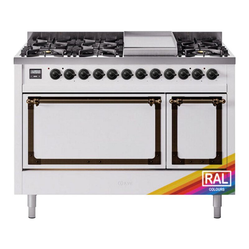 ILVE Nostalgie II Series Noblesse 48 inch Dual Fuel Range with 8 Sealed Burners (Glass Door), Burnished, Natural Gas