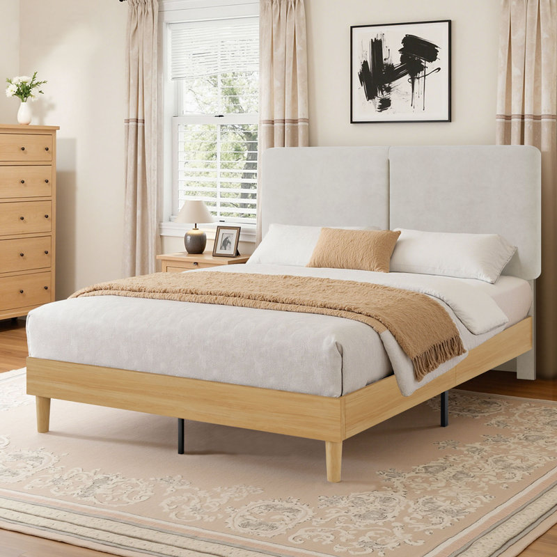 Bennett Upholstered Bed with Wooden Frame Full Size Platform Bed Frame Fabric Headboard, No Box Spring Needed, Wooden Silent Slat Support
