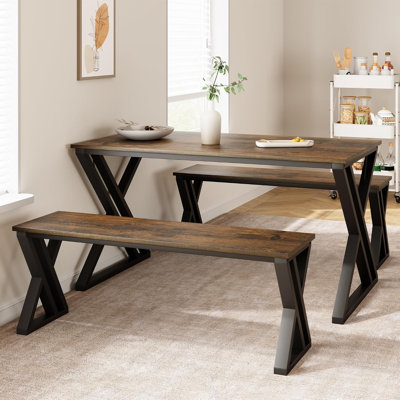 Ensemble de table de salle à manger de 44,8 pouces et 2 bancs pour 4 personnes, ensemble de table de cuisine moderne 3 pièces avec cadre en métal x et panneau rétro, mobilier de salle à manger peu encombrant pour appartement, brun et noir