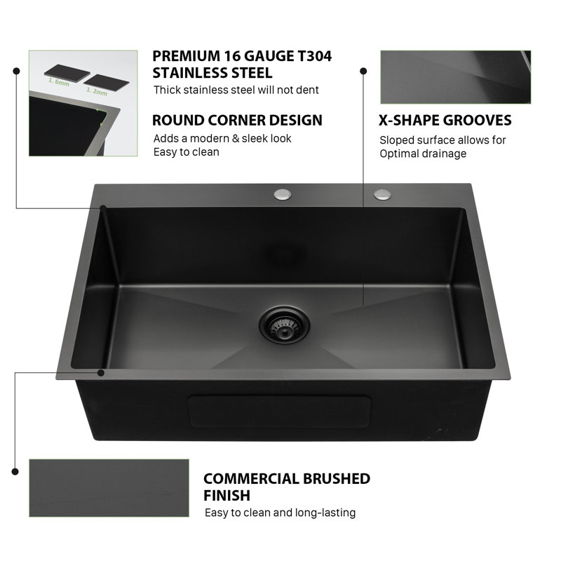 28" Gunmetal Black Stainless Steel Single Bowl Drop-In Kitchen Sink