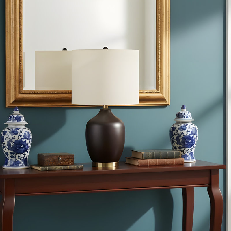 Lighting, h 22 po, lampe de table, céramique noire, abat-jour ivoire / crème, transitionnel