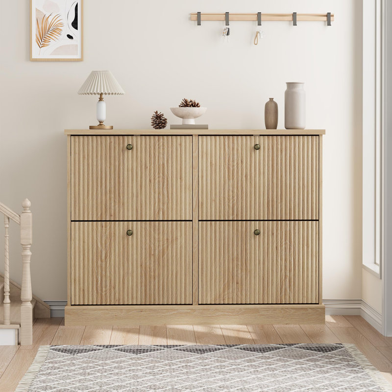 Rangement à chaussures autoportant en bois - 4 tiroirs tournants inclinables - Tablettes réglables et amovibles - Rangement à chaussures étroit et compact - parfait pour l'entrée, le couloir, le salon - chêne naturel