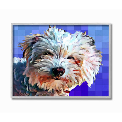 " Colorful Bichon Puppy Over Blue Geometric Pattern " by Kim Curinga