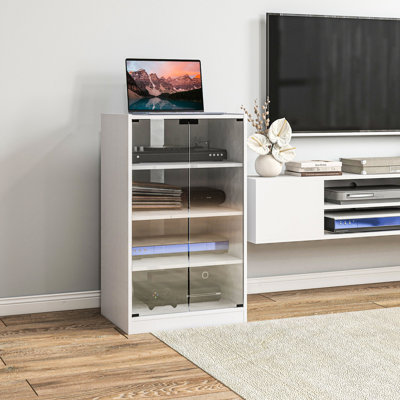 Modern Av Rack , 4 With Tempered Glass Doors, Adjustable Shelves, Cable Management, White For Video Projectors Distressed Media Cabinet, Doors & Management Electronics, Books