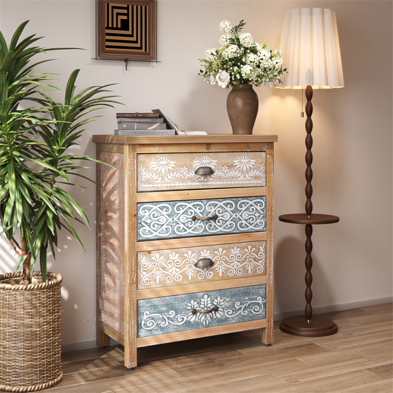 Commode vintage à 4 tiroirs avec motif en bois patiné et orné, commode de rangement rustique pour chambre à coucher / salon