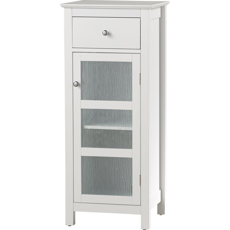 Jaeden Freestanding Floor Accent Storage Cabinet with Drawer, Textured Glass Door and Adjustable Shelf