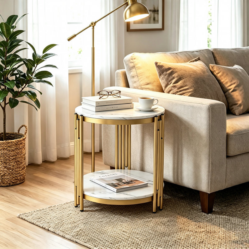 2 Tier Faux Marble End Tables With Storage Shelf, Modern Style Side Table for Living Room, Bedroom (set Of 2)