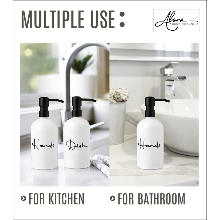 Set of 2 AMBER Glass Bottles Dish Soap Hand Soap, SIGNATURE Style  Waterproof Label, PREMIUM Pumps, Refillable Soap Dispensers 