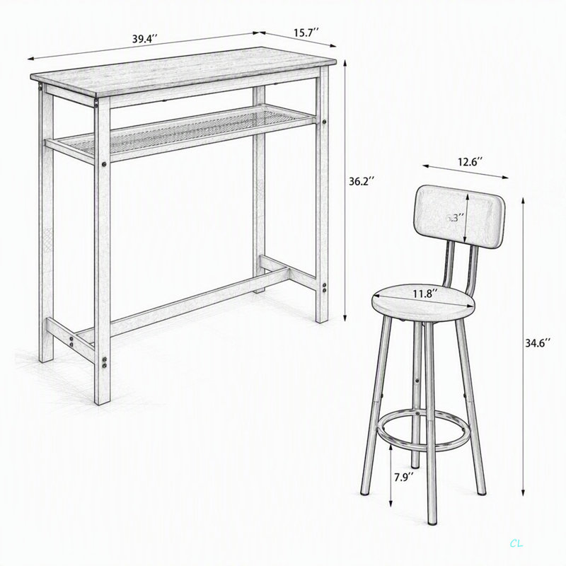 Ensemble de 3 tables de bar, 2 tables de bar et chaises avec cadre en métal et support de rangement, table de hauteur comptoir moderne avec 2 tabourets pour la cuisine, la salle à manger et le salon