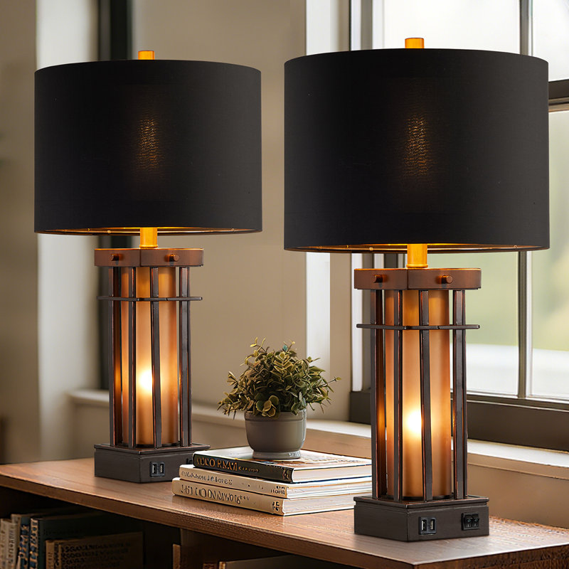 25" Jacolbi Table Lamp set With Dual USB Ports And Night Light (set of 2), Brown (with Black Shade)​