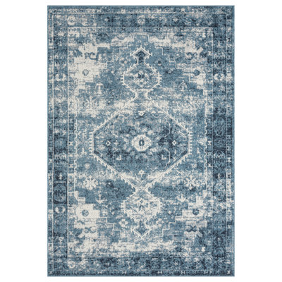 Tapis bleu / ivoire à motif de médaillon oriental classique lavable à la machine