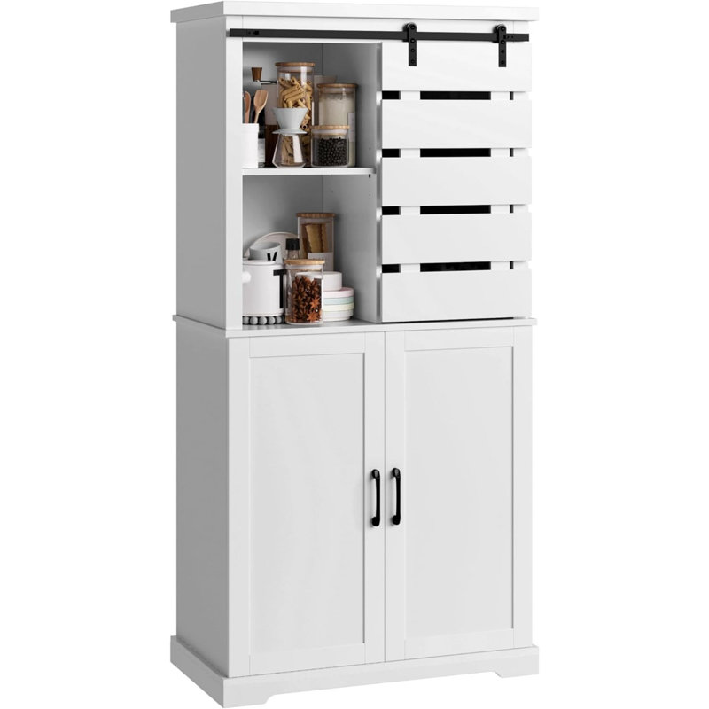 Grand garde-manger, grande armoire de rangement en bois avec porte de grange coulissante et tablettes réglables, grand placard autoportant pour salle à manger, salon, buanderie, blanc