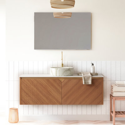 Meuble-lavabo mural simple 48 po x P 18 po x H 34 po à grain de bois chêne brun avec vasque ronde en céramique blanche mat et plateau en pierre frittée