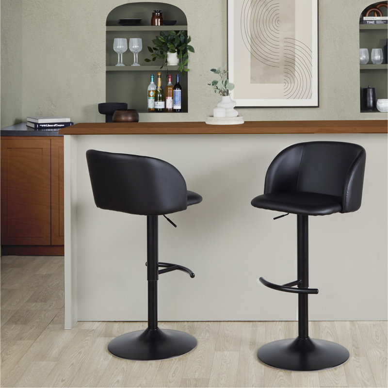 Tabouret de bar réglable en métal noir et similicuir noir avec repose-pieds arrondi en T - ensemble de 2, Noir