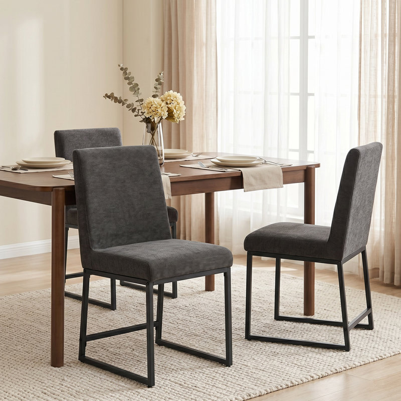 Bralan Set of 2 Upholstered Dining Chairs with Black Metal Frame, Dark Grey