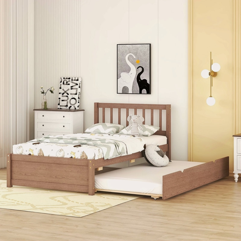 Structure de lit plateforme moderne en bois avec lit gigogne, Noyer