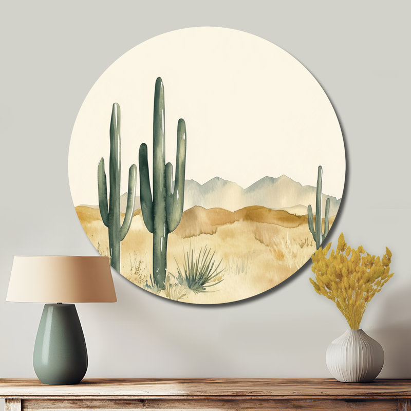 «Soft Desert Cactus I» - art mural rond en métal vert, H 36 po x l 36 po
