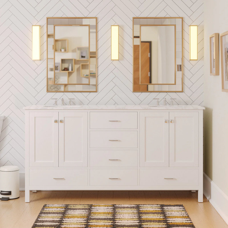 Claudett 72'' Double Bathroom Vanity with Top, White, Engineered Carrara