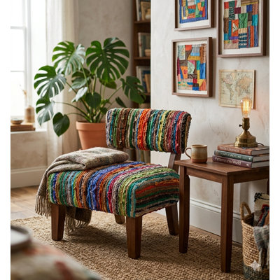 Wooden Upholstered Accent Chair, 25x25x27" | Solid Acacia Wood Frame, Multicolor Handwoven Cotton Cushion | Boho Lounge Chair for Living Room