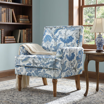 Wide French Country Floral Armchair with Nailhead Trim and Turned Wood Legs
