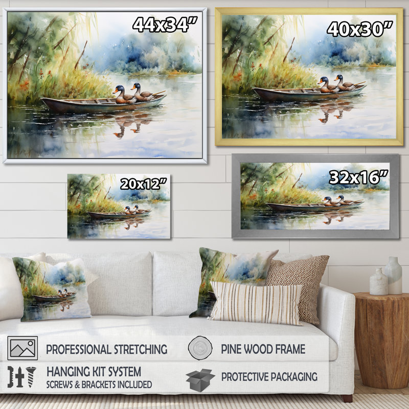 Ducks In A Little Boat On The Lake - Duck, reproduction d'art encadrée, H 24 po x l 32 po x P 1 po, Cadre flottant brun