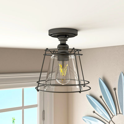 Plafonnier semi-encastré à intensité variable 1 lumière noir mat matte avec abat-jour en verre transparent 10 po.