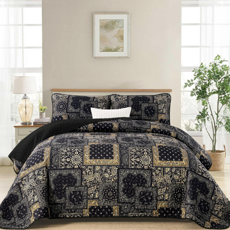 Ensemble de courtepointe 3 pièces à motif floral et motif cachemire Boho, Courtepointe pour très grand lit et 2 taies d'ore