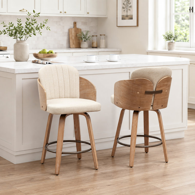 Tabourets de bar pivotants en velours Ljubka, Beige, Tabouret de comptoir (siège d'une hauteur de 25,3