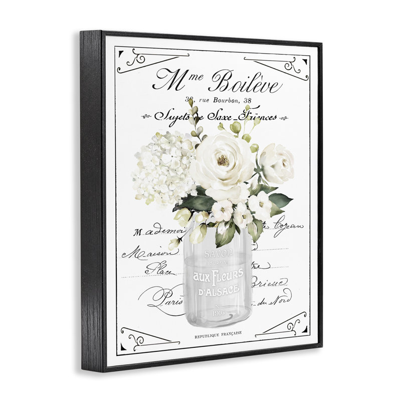 Fleurs blanches françaises et giclée Cursive encadrée, design par lettré et doublé, H 14 po x l 11 po