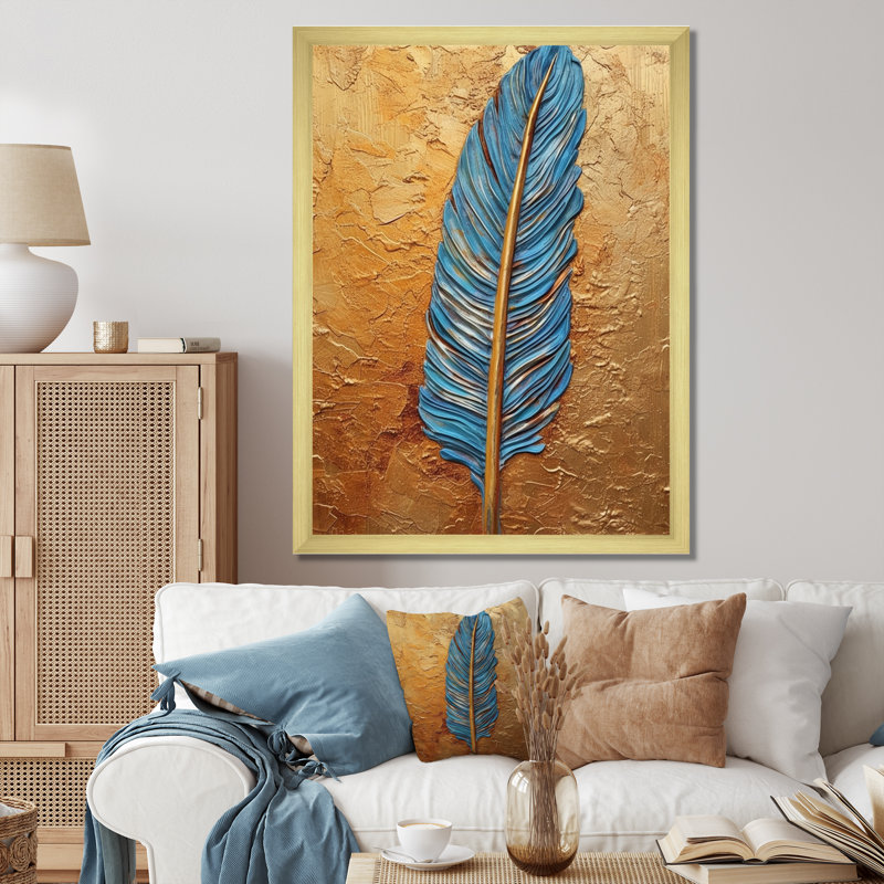 «Boho Glam Exquis Blue Feather On», reproduction d'art sur toile encadrée, H 44 po x l 34 po x P 1,5 po