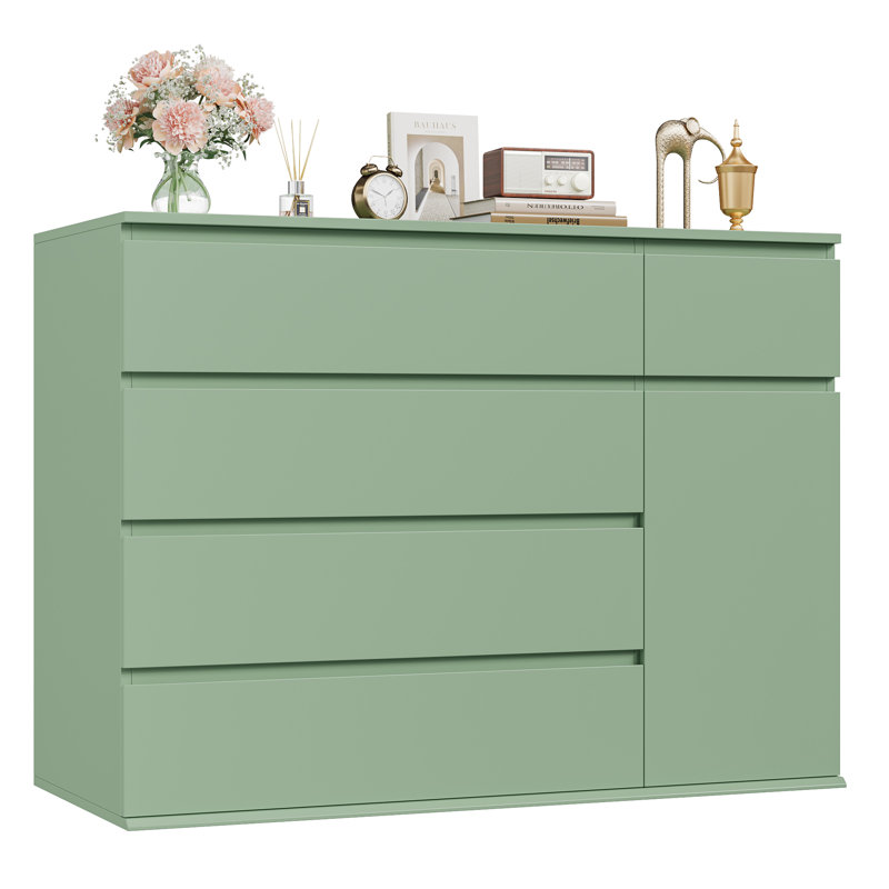Kardos 39.3" W Wood Combo Dresser With 5 Drawers And 1 Cabinet, Wood Chest of Drawrs, Green