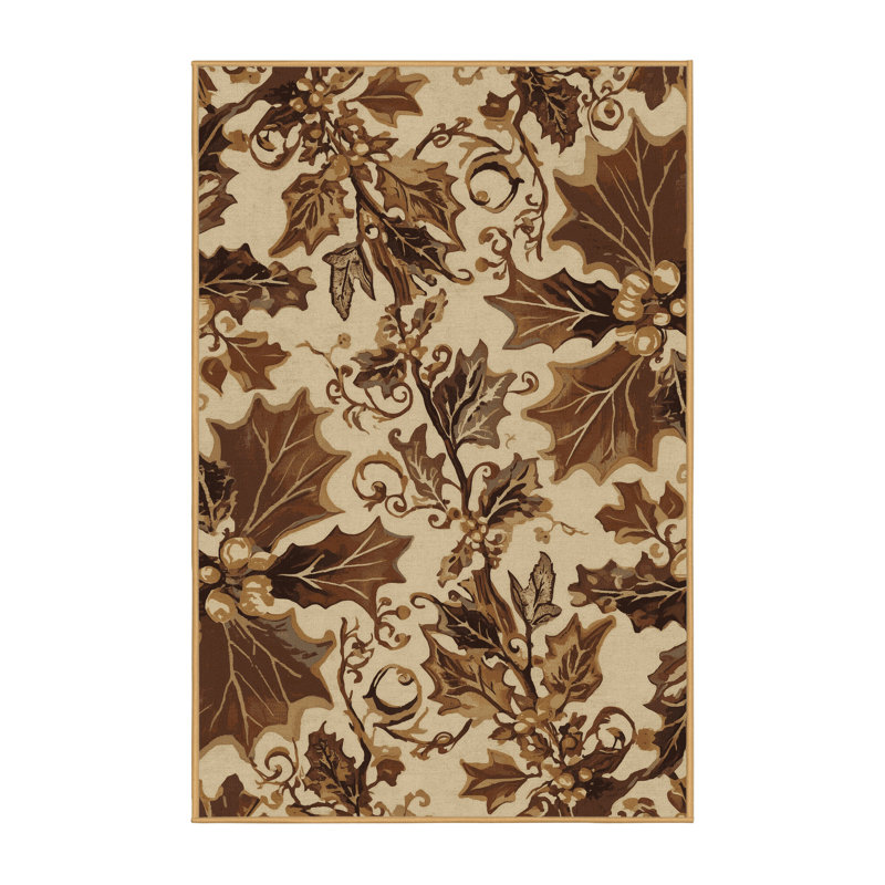 Machine Washable Orlandra Holly Classic Damask Rug in Brown – LightBrown Binding, 6x9