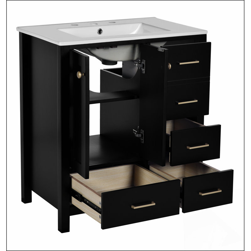 Ensemble de meuble-lavabo 30 po avec lavabo en céramique, armoire de rangement en bois massif, ensemble de meuble-lavabo autoportant avec 4 tiroirs et portes à fermeture douce, noir