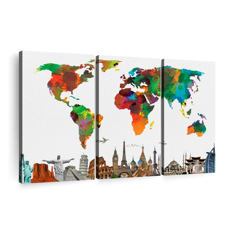" Color Splash World Map " by Naomi Heart 3 - Pieces, 24" H x 38" W x 1.25"