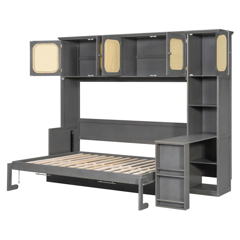 Lit escamotable double gris antique avec bureau et armoires en rotin, meubles de bureau à domicile peu encombrants