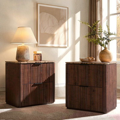 23"W Nightstands with 2-drawer, Nightstand with 3-sided Fluted Panels and Faux Marble Top