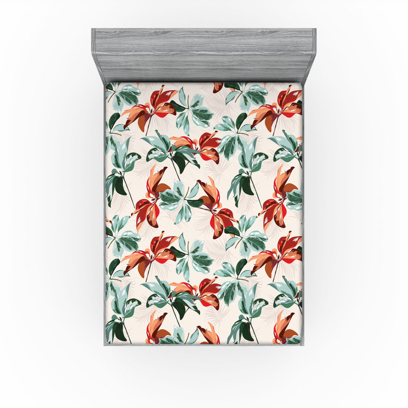 Drap-housse à motif floral Ambesonne, Drap-housse grand, Rouille pâle / écume de mer / motif floral émer