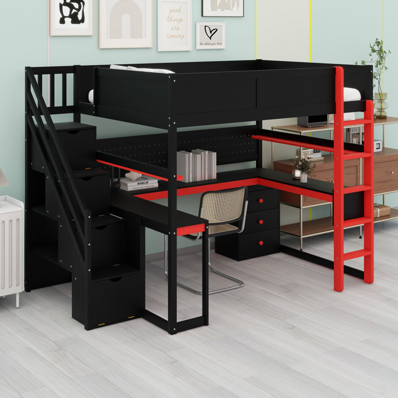 Lit mezzanine avec escalier de rangement, bureau intégré, tablettes et panneau perforé Gaming, Noir / rouge
